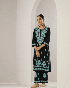 Blue rayon Ghaas Patti Chikankari kurti palazzo set wholesale
