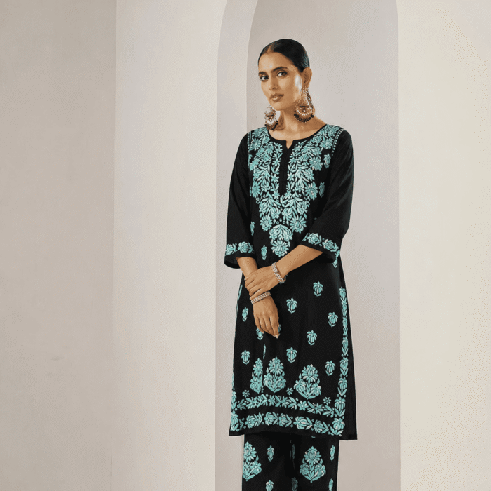 Blue rayon Ghaas Patti Chikankari kurti palazzo set wholesale