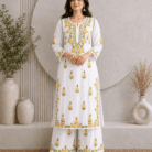 Yellow rayon Ghaas Patti Chikankari kurti palazzo set wholesale