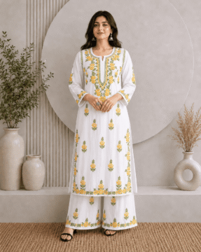 Yellow rayon Ghaas Patti Chikankari kurti palazzo set wholesale