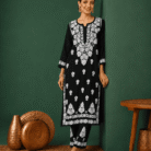 Black rayon Ghaas Patti Chikankari kurti palazzo set wholesale