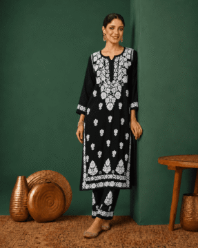 Black rayon Ghaas Patti Chikankari kurti palazzo set wholesale