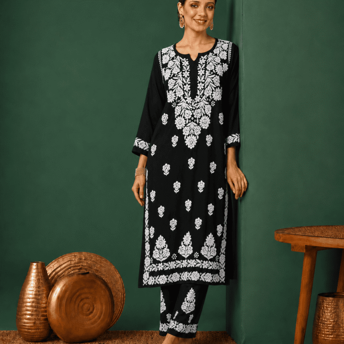 Black rayon Ghaas Patti Chikankari kurti palazzo set wholesale