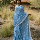 Blue Mulmul Cotton Bakhiya and Keel Chikankari saree wholesale