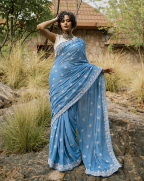 Blue Mulmul Cotton Bakhiya and Keel Chikankari saree wholesale