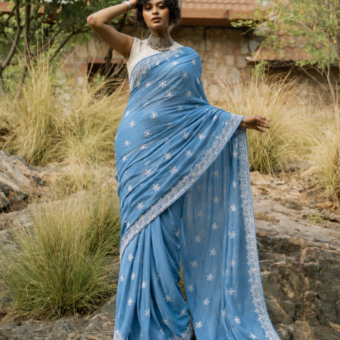 Blue Mulmul Cotton Bakhiya Keel Chikankari Saree Blue Mulmul Cotton Bakhiya and Keel Chikankari saree wholesale