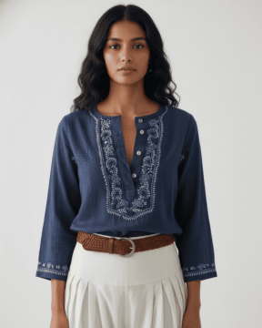 Cambric Cotton Chikankari denim style shirt wholesale with Bakhiya embroidery