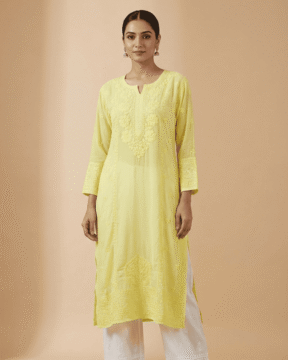 Yellow Muslin Ghaas Patti Chikankari straight kurti wholesale
