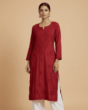 Maroon Muslin Ghaas Patti Chikankari straight kurti wholesale