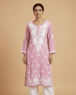 Peach Muslin Ghaas Patti Chikankari straight kurti wholesale