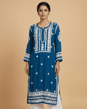 Blue Muslin Ghaas Patti Chikankari straight kurti wholesale
