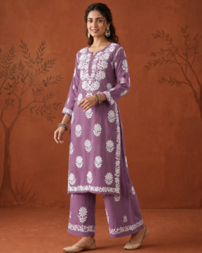 Purple Modal Ghaas Patti Chikankari kurta set wholesale