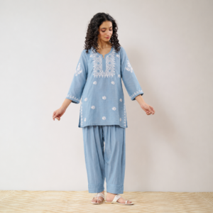 Powder blue Chanderi Ghaas Patti Chikankari kurta Farshi Salwar set wholesale