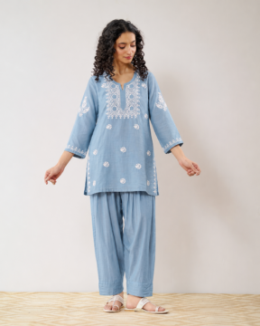 Powder blue Chanderi Ghaas Patti Chikankari kurta Farshi Salwar set wholesale