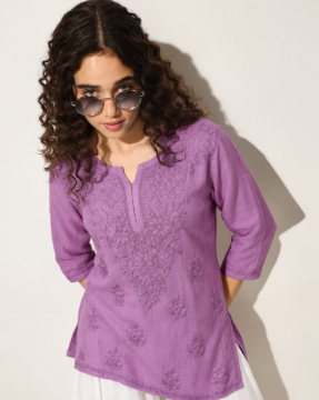 Lavender rayon Ghaas Patti Chikankari short kurti wholesale