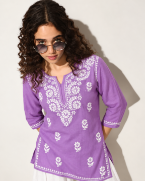 Lavender rayon Ghaas Patti Chikankari short top wholesale