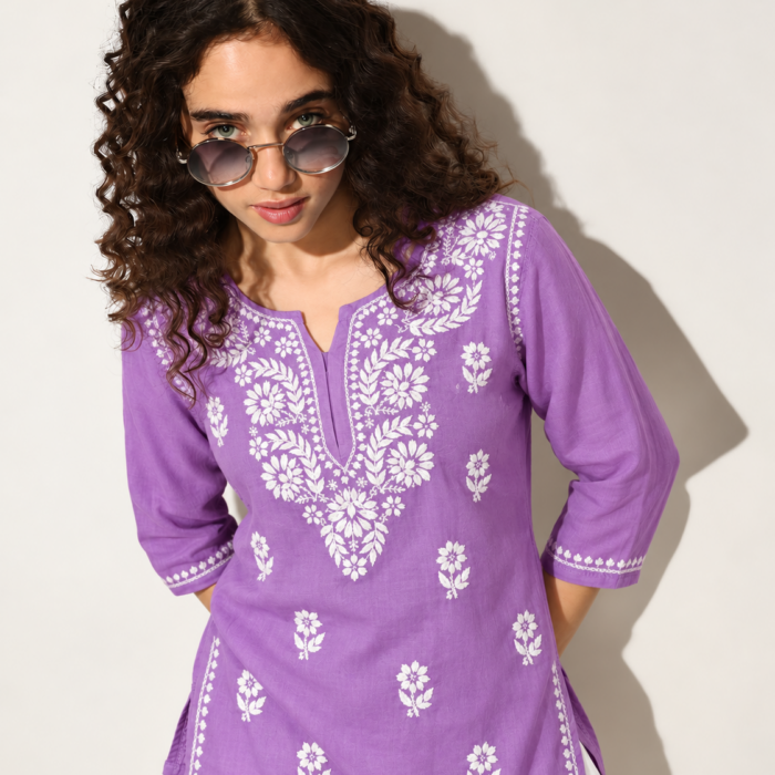Lavender rayon Ghaas Patti Chikankari short top wholesale