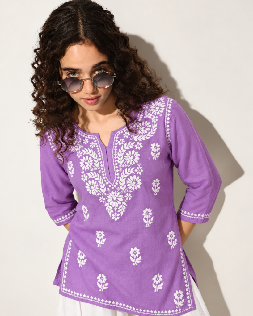 Lavender rayon Ghaas Patti Chikankari short top wholesale
