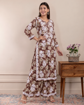 Brown Mulmul Cotton Ghaas Patti Chikankari Kurti Palazzo Set