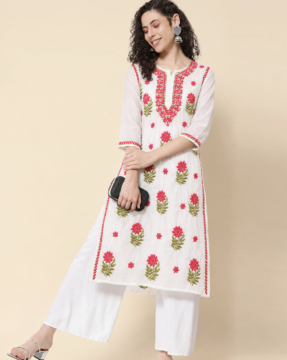 Chanderi Ghaas Patti Chikankari straight kurti wholesale