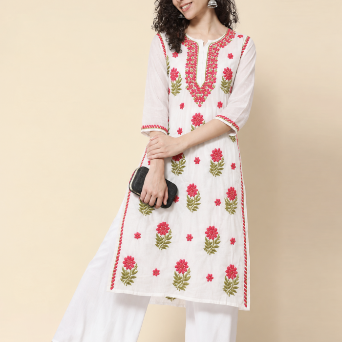Chanderi Ghaas Patti Chikankari straight kurti wholesale
