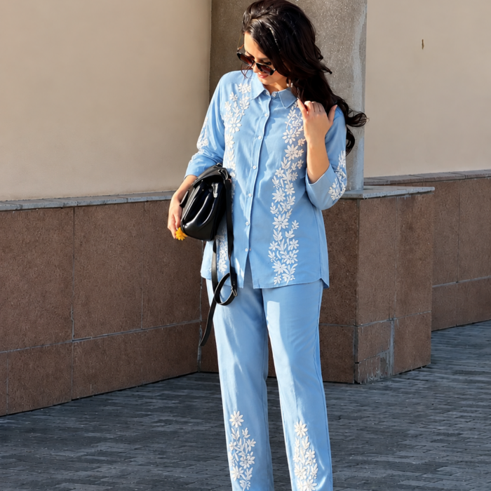 Powder blue rayon Ghaas Patti Chikankari co-ord set wholesale CW-00050
