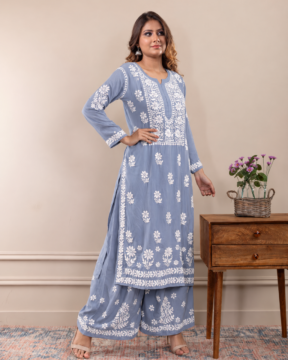 Modal Ghaas Patti Chikankari kurta palazzo set wholesale CW-00046