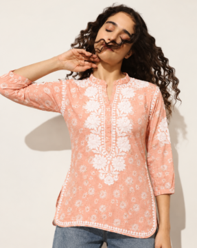 Peach Mulmul Cotton Ghaas Patti Chikankari short kurta wholesale