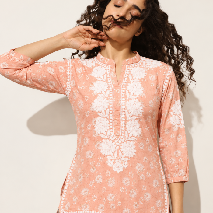 Peach Mulmul Cotton Ghaas Patti Chikankari Short Kurta Peach Mulmul Cotton Ghaas Patti Chikankari short kurta wholesale