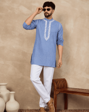 Denim Cotton Ghaas Patti Chikankari men's kurta wholesale