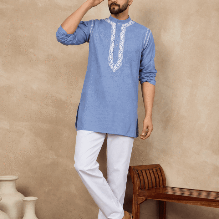 Denim Cotton Ghaas Patti Chikankari men's kurta wholesale