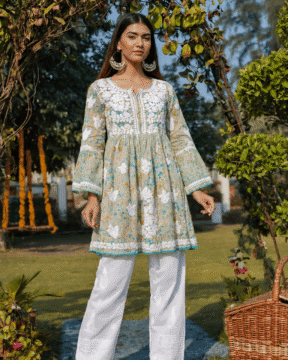 Green Mulmul Cotton Ghaas Patti Chikankari peplum kurti wholesale