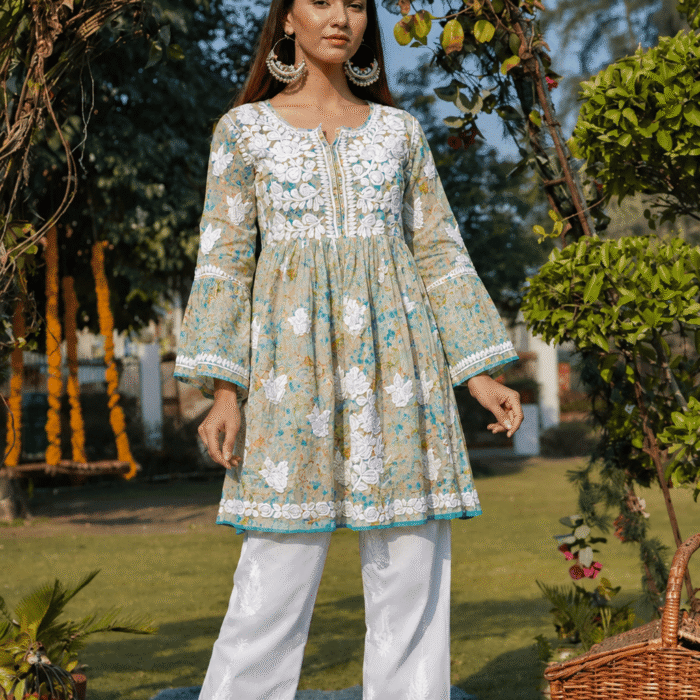 Green Mulmul Cotton Ghaas Patti Chikankari peplum kurti wholesale