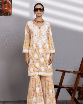 Yellow Mulmul Cotton Ghaas Patti Chikankari kurta garara set wholesale