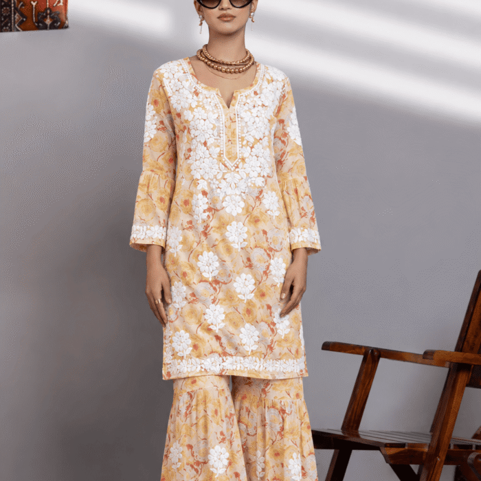 Yellow Mulmul Cotton Ghaas Patti Chikankari kurta garara set wholesale