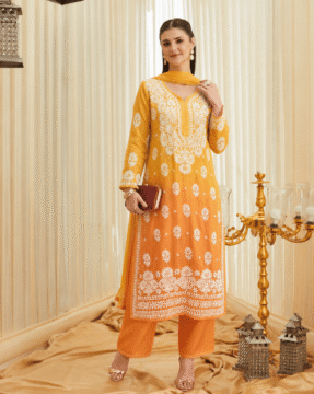 Muslin Ghaas Patti Chikankari straight kurta set with dupatta wholesale