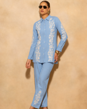 Powder blue rayon Ghaas Patti Chikankari co-ord set wholesale