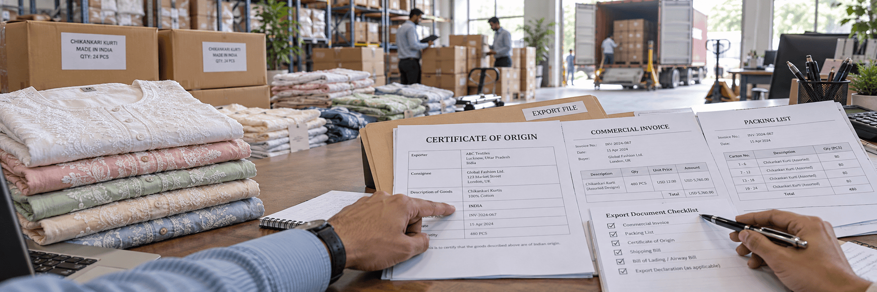 Handmade Chikankari garments being packed securely for wholesale orders after final quality inspection and finishing.