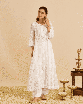 White Modal Satin cut work Chikankari kurti palazzo set wholesale