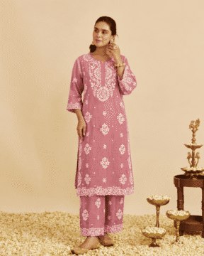 Modal Satin cut work Chikankari short kurti palazzo set wholesale