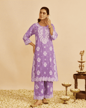 Lavender Modal Satin Cut Work Chikankari Kurti Palazzo Set