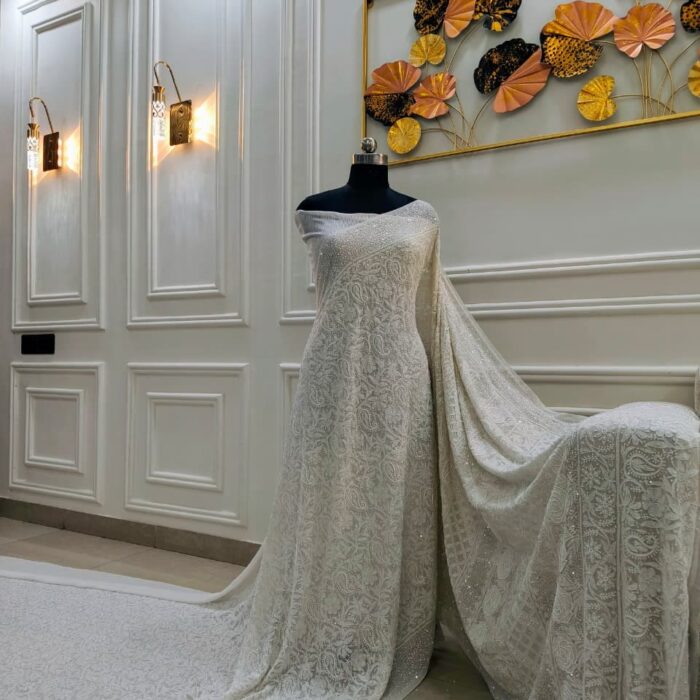 Pure Georgette Chikankari Saree with Pearls, Cut-Dana & Sequins – Off White product image